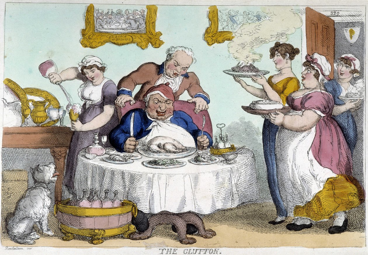 Borgerliga framför en riklig måltid serverad av många tjänare - karikatyr av Rowlandson av Thomas Rowlandson