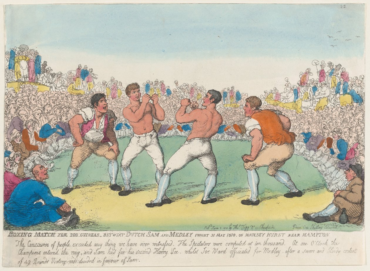 Boxningsmatch för 200 Guineas, mellan holländska Sam och Medley, utkämpad 31 maj 1810, den..., 5 juni 1810. av Thomas Rowlandson