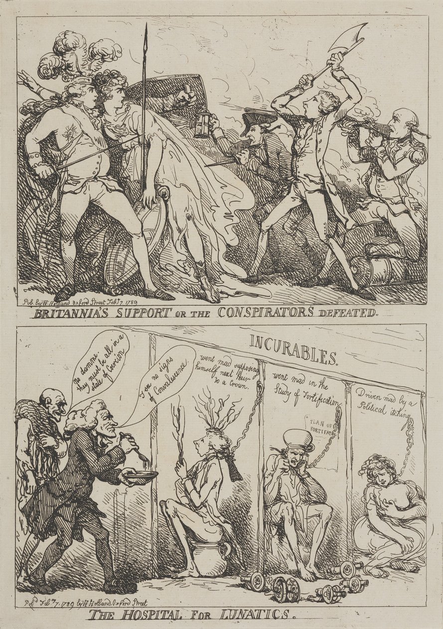 Antingen Britannias stöd eller konspiratörernas nederlag – Sjukhuset för sinnessjuka av Thomas Rowlandson