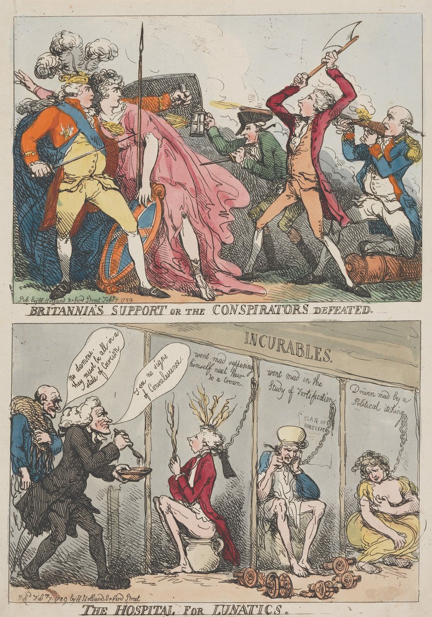 Antingen Britannias stöd eller konspiratörernas nederlag – Sjukhuset för sinnessjuka av Thomas Rowlandson