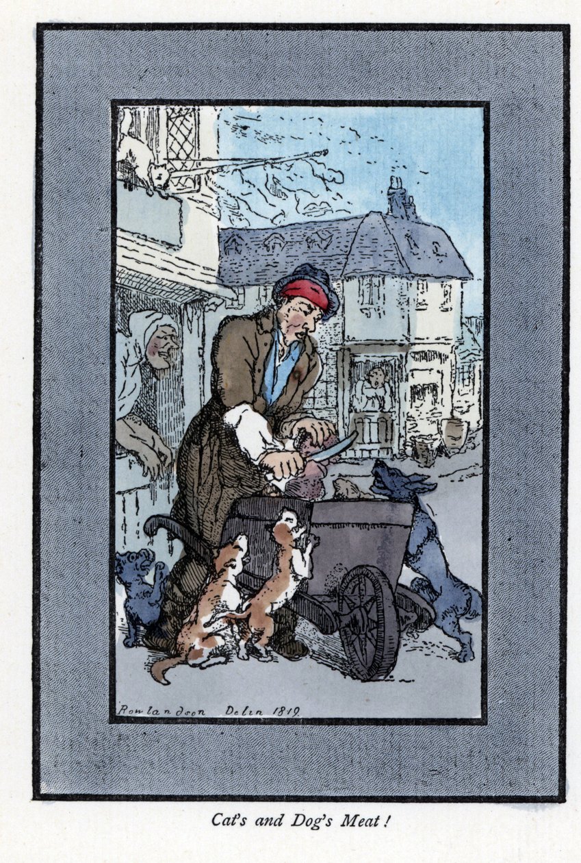 En slaktare som skar en bit kött, sa att hundar och katter attackerar ratten på hans skottkärra. Trägravyr, baserad på en målning av Thomas Rowlandson (1756-1827), publicerad i The Cris of London: med sex charmiga barn och nästan 40 bilder av Thomas Rowlandson