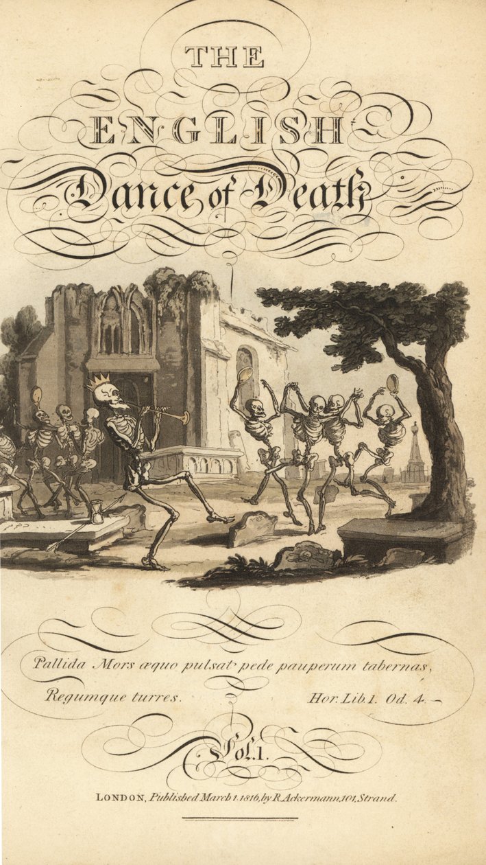 Kalligrafisk titel och vinjett av skelett som dansar med tamburiner och horn på en kyrkogård nära en förstörd kyrka. Handfärgad kopparplåt tecknad och graverad av Thomas Rowlandson från The English Dance of Death, Ackermann, London av Thomas Rowlandson