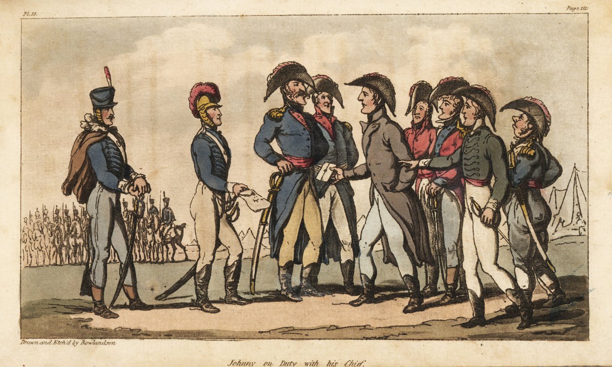 Kapten Johnny Newcome i tjänst som Aide de Camp till hertigen av Wellington under halvönskampanjen. Handfärgad kopparstick tecknad och etsad av Thomas Rowlandson från överste David Roberts The Military Adventures of Johnny Newcome, Martin, av Thomas Rowlandson