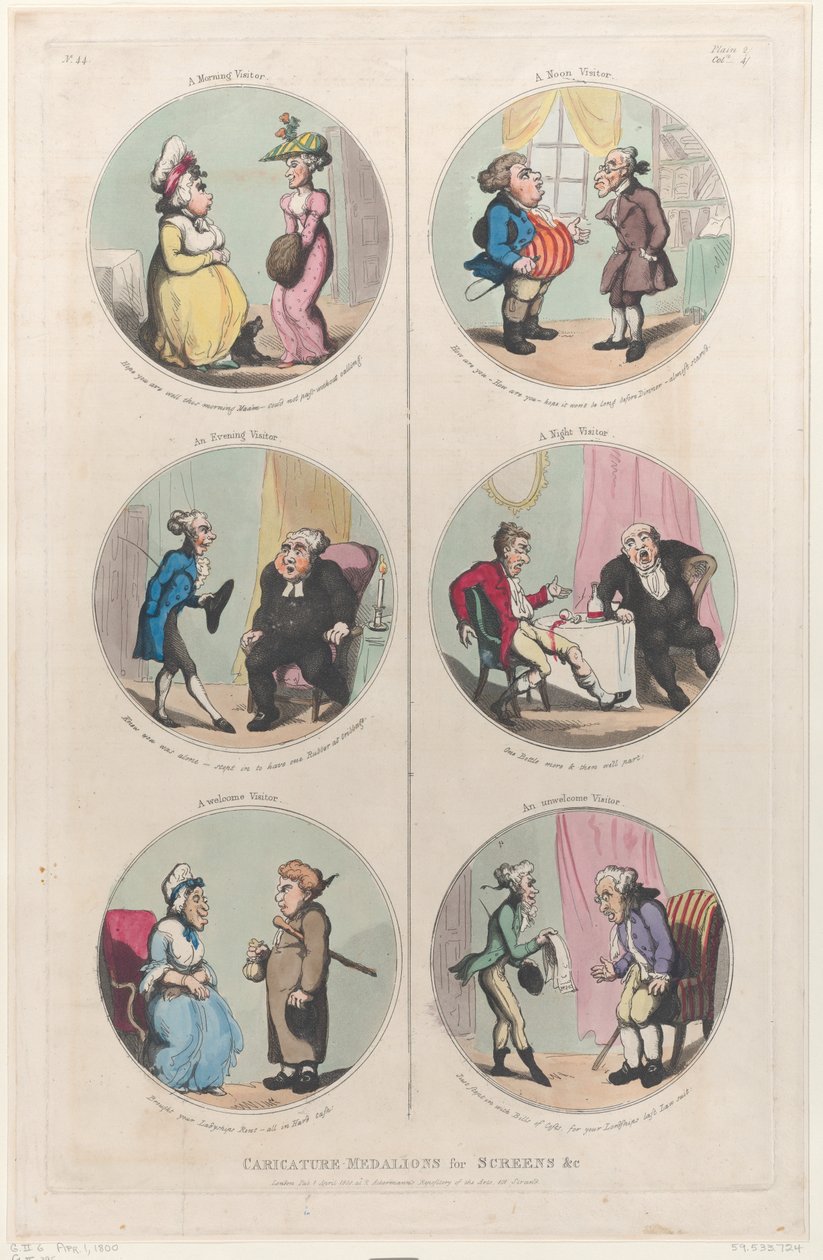 Karikatyrmedaljonger för skärmar &c: A Morning Visitor, An Evening Visitor, A We..., 1 april 1800. av Thomas Rowlandson