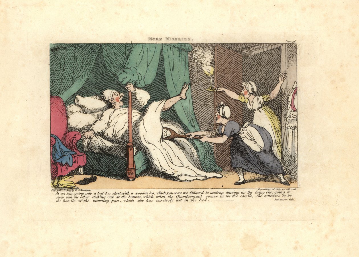 Kammarjungfru drar i en sovande gästs träben. av Thomas Rowlandson