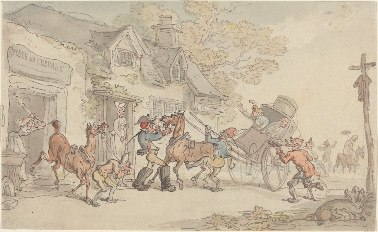 Byta häst på ett posthus i Frankrike av Thomas Rowlandson