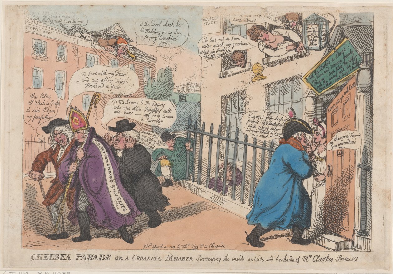 Chelsea Parade eller en krokande medlem som undersöker insidan och baksidan av ..., 4 mars 1809. av Thomas Rowlandson
