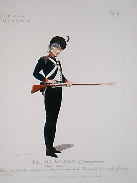 Chelsea Volunteer, platta 35 från "Loyal Volunteers of London and Environs", publicerad 1798 (färglitografi). av Thomas Rowlandson