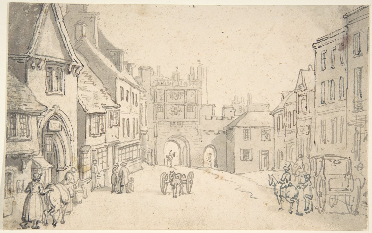 Stadsvy med medeltida port (kanske York) av Thomas Rowlandson