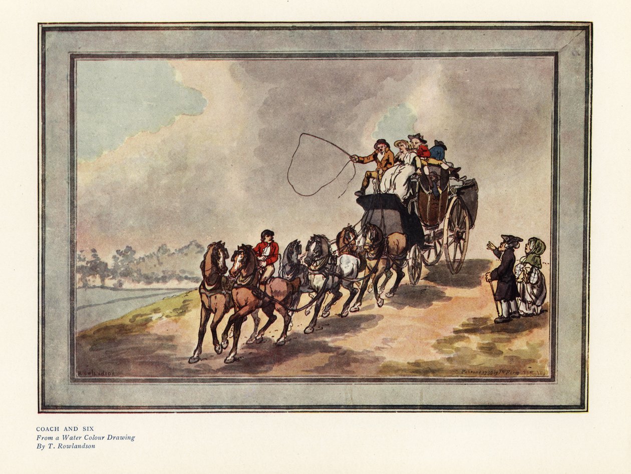Buss och sex hästar med passagerare och bagage på taket av Thomas Rowlandson