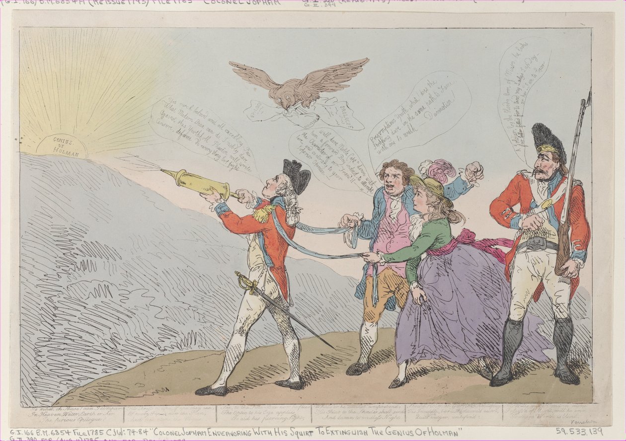 [Kol. Topham Endeavouring with his Squirt to Extinguish the Genius of Holman], O..., 5 oktober 1785. av Thomas Rowlandson