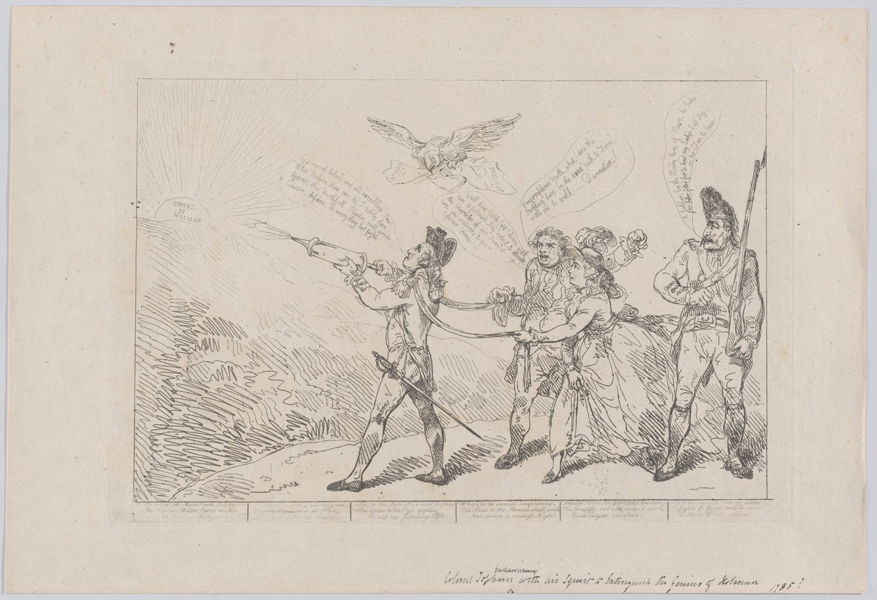 [Kol. Topham Endeavouring, With His Squirt, to Extinguish the Genius of Holma..., 10 december 1784. av Thomas Rowlandson