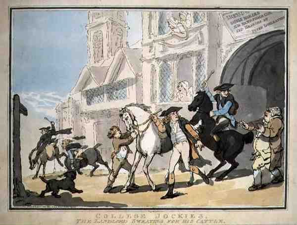 "College Jockies, hyresvärden som svettas för sin boskap", pub. av E. Jackson av Thomas Rowlandson