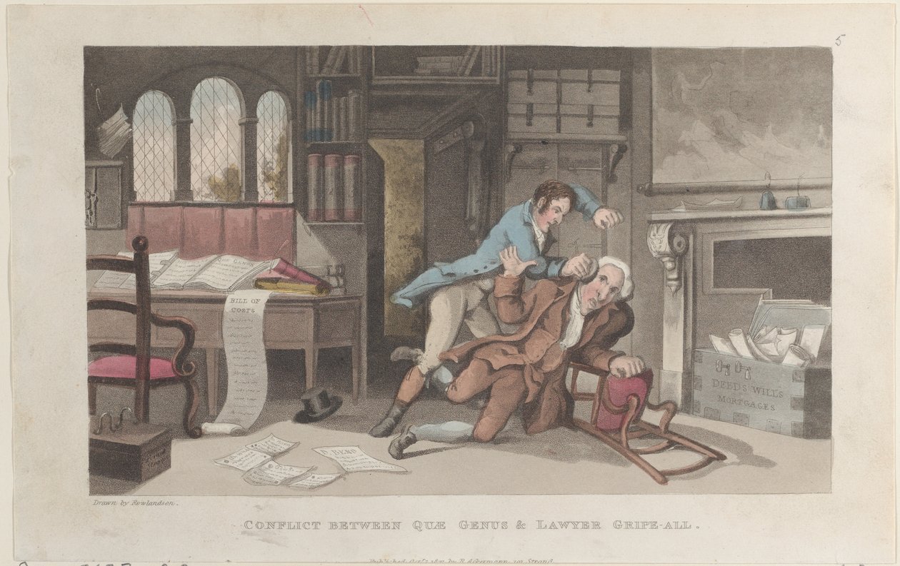 Conflict Between Quae Genus och Lawyer Gripe-all, från The History of Johnny Q..., 1 oktober 1821. av Thomas Rowlandson