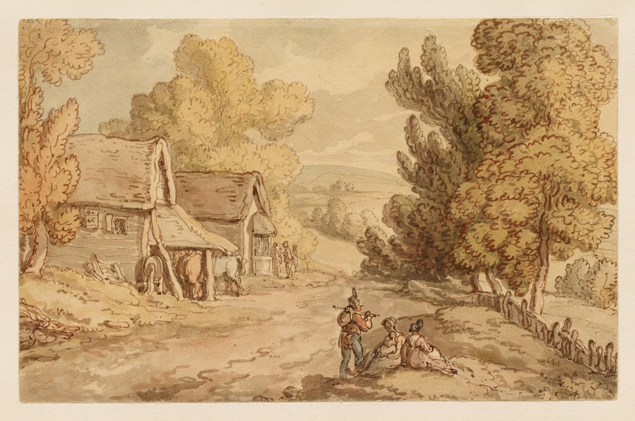 Stuga och ladugård med figurer som vilar vid sidan av en landsväg av Thomas Rowlandson