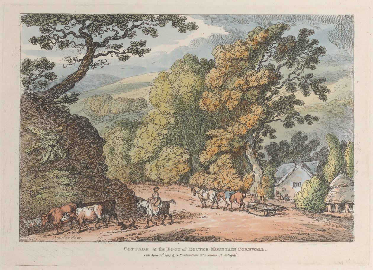 Stuga vid foten av Router Mountain Cornwall, från Views in Cornwall, april..., 12 april 1812. av Thomas Rowlandson