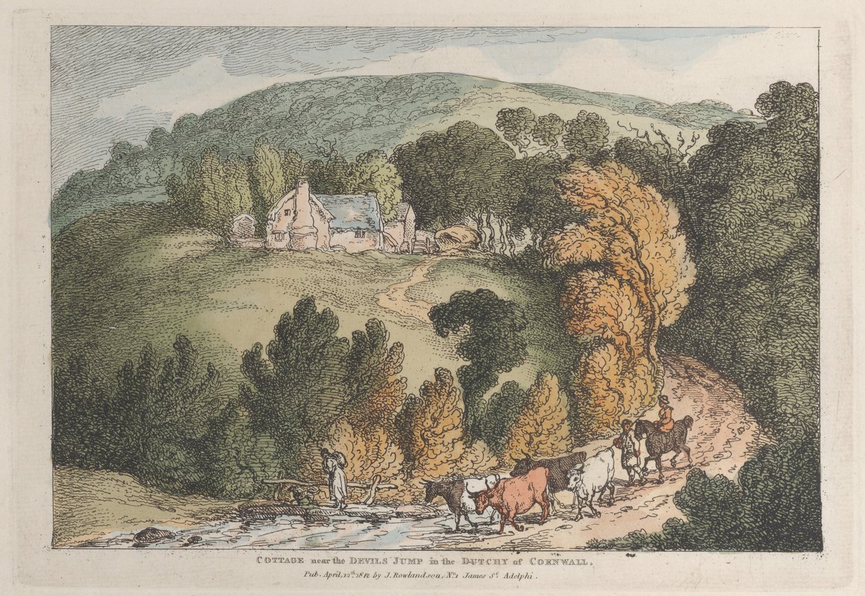 Stuga nära Devils Jump i hertigdömet Cornwall, från Views in Cornwall, 12 april 1812. av Thomas Rowlandson