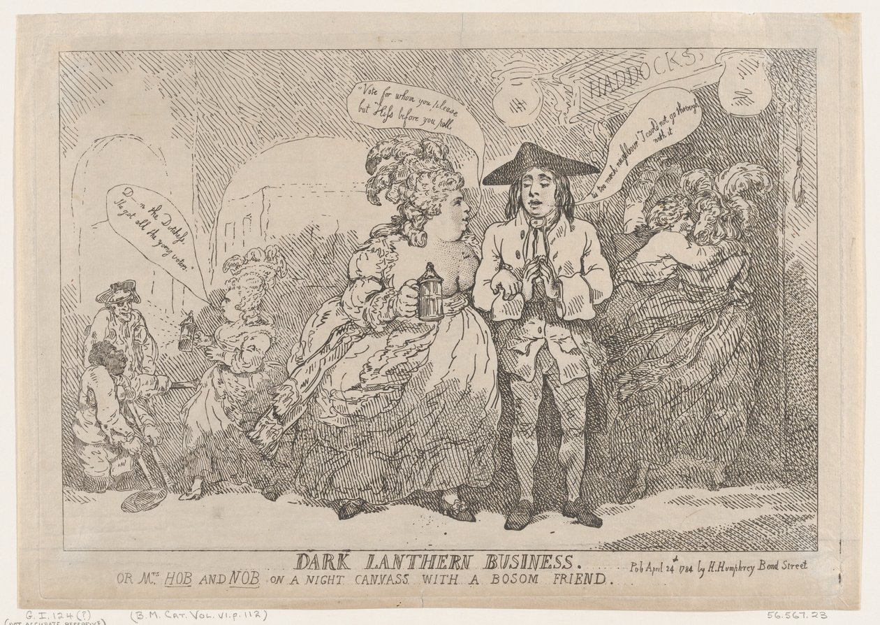 Dark Lantern Business, eller, Mrs Hob och Nob på en nattduk med en barm fre..., 24 april 1784. av Thomas Rowlandson