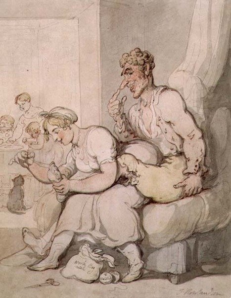 Darning The Sock (penna och bläck, akvarell) av Thomas Rowlandson