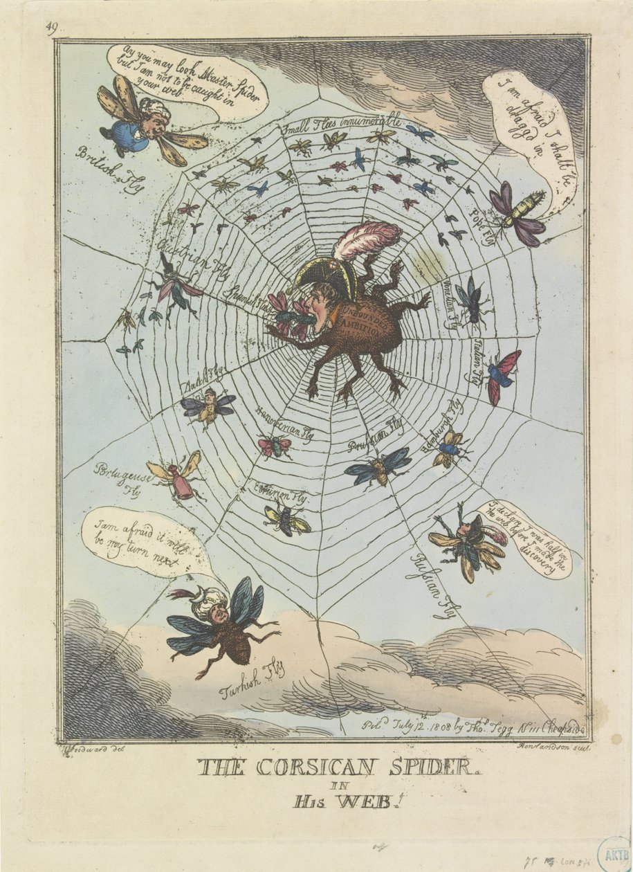 Den korsikanska spindeln i sitt nät, 1808 Den korsikanska spindeln, i hans nät! (titel på objekt) av Thomas Rowlandson
