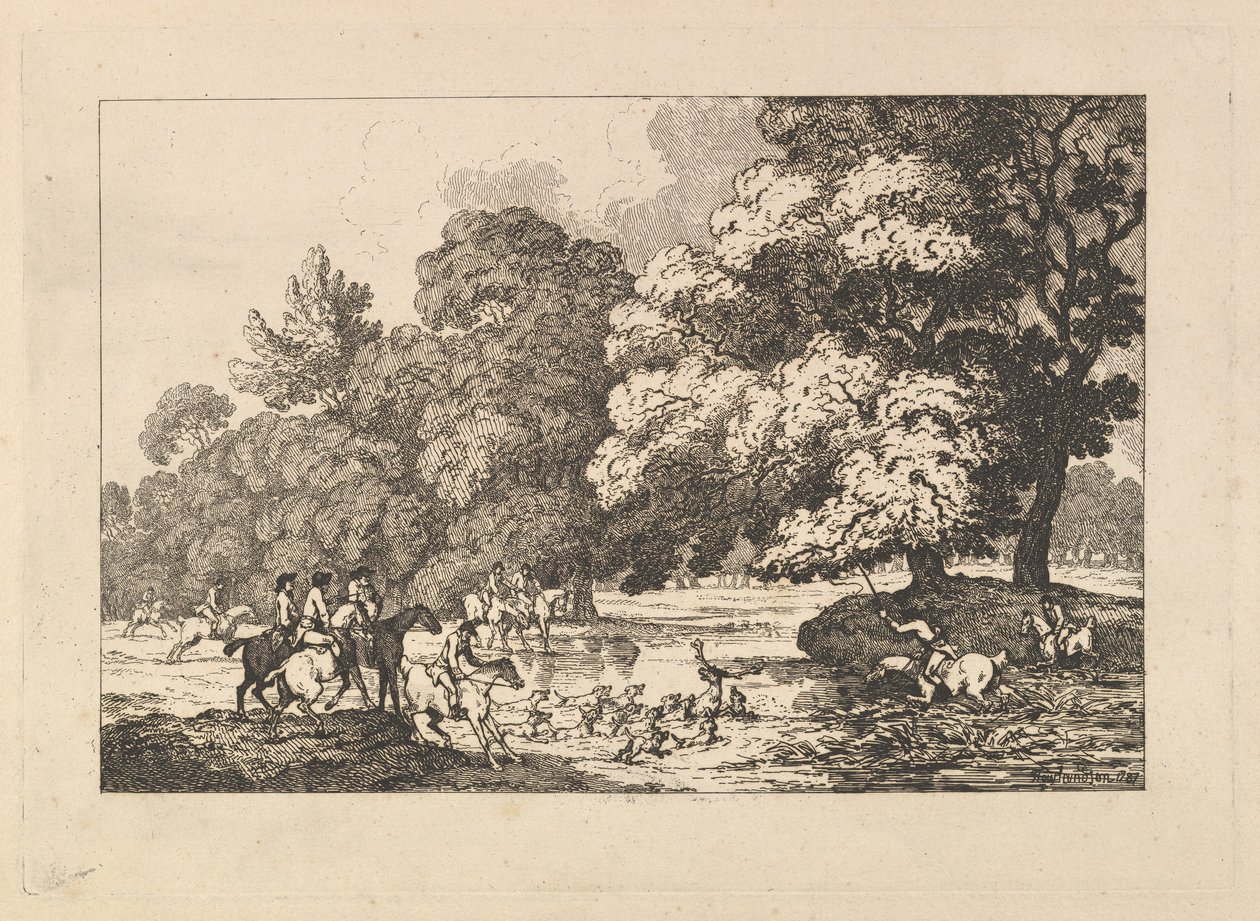 Hjortjakt – En landskapsbild med hjort och jakthundar vid en flod av Thomas Rowlandson