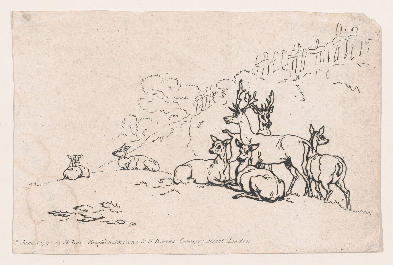Rådjur från tavla 3, konturer av figurer, landskap och nötkreatur...för användning av Le..., 1 juni 1790. av Thomas Rowlandson