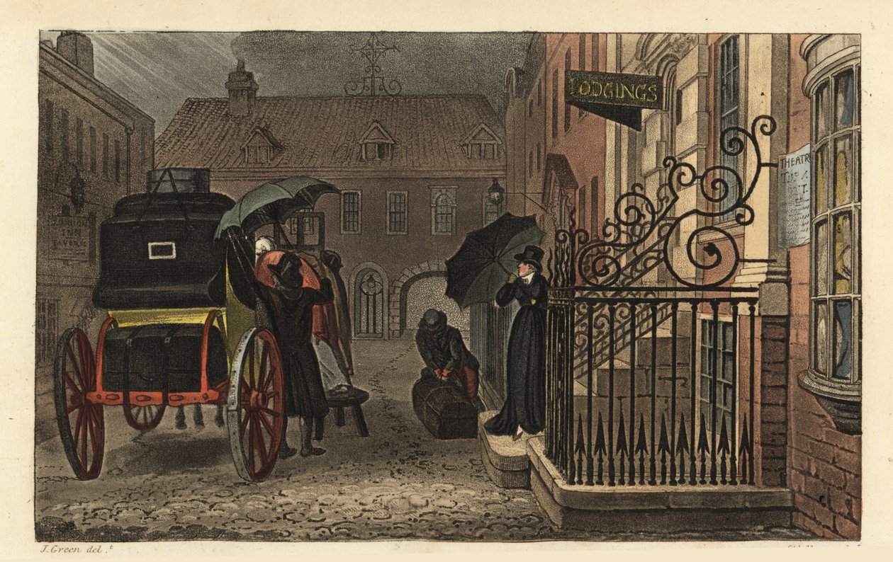 Avgång: Turister lastar bagage på en vagn framför ett hotell i regnet. Handkolorerad kopparstick av Thomas Rowlandson, akvatint av J.C. Stadler, efter en skiss av J. Green från Poetical Sketches of Scarborough, Ackermann, London av Thomas Rowlandson