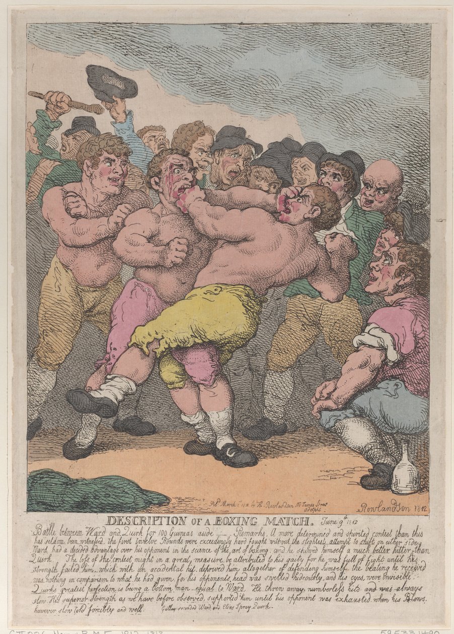 Beskrivning av en boxningsmatch mellan Ward och Quirk för 100 Guineas per sida, Marc..., 1 mars 1812. av Thomas Rowlandson
