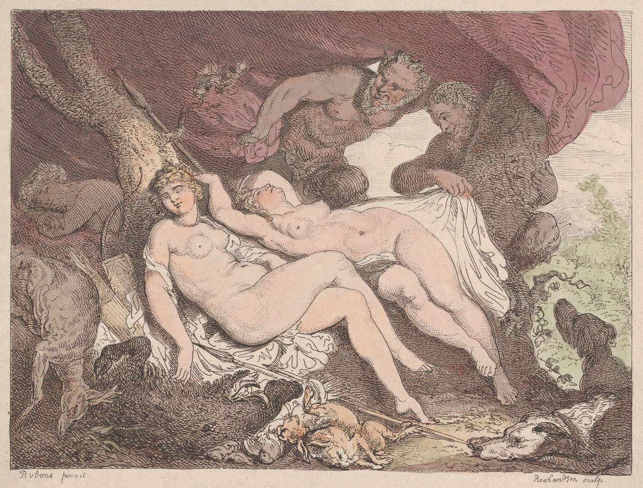 Diana och hennes nymfer spionerade av Satyrs, 1790-1799., 1790-1799. av Thomas Rowlandson