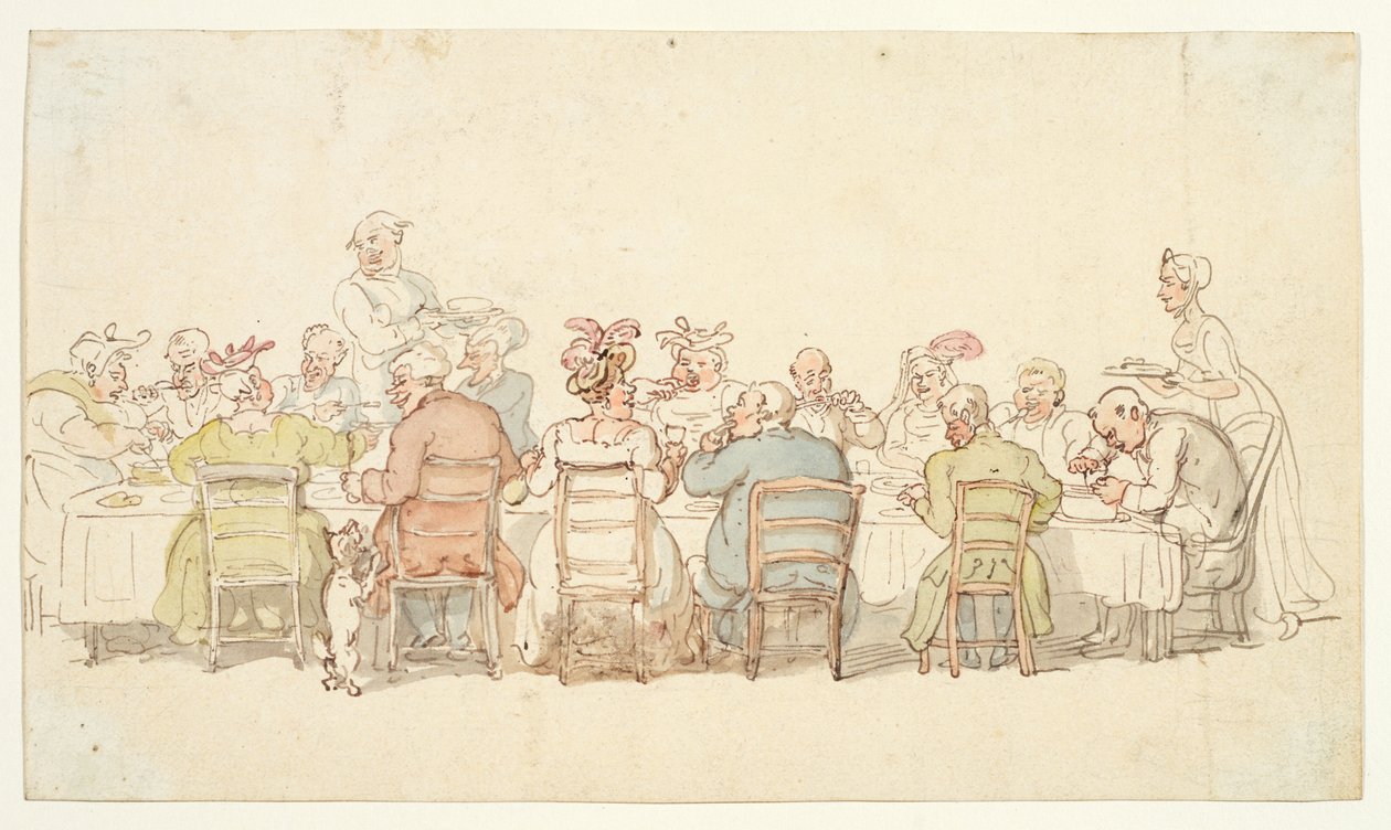 Middag, 1800-talet (grafit, penna och brunt bläck, akvarell på vävt papper) av Thomas Rowlandson