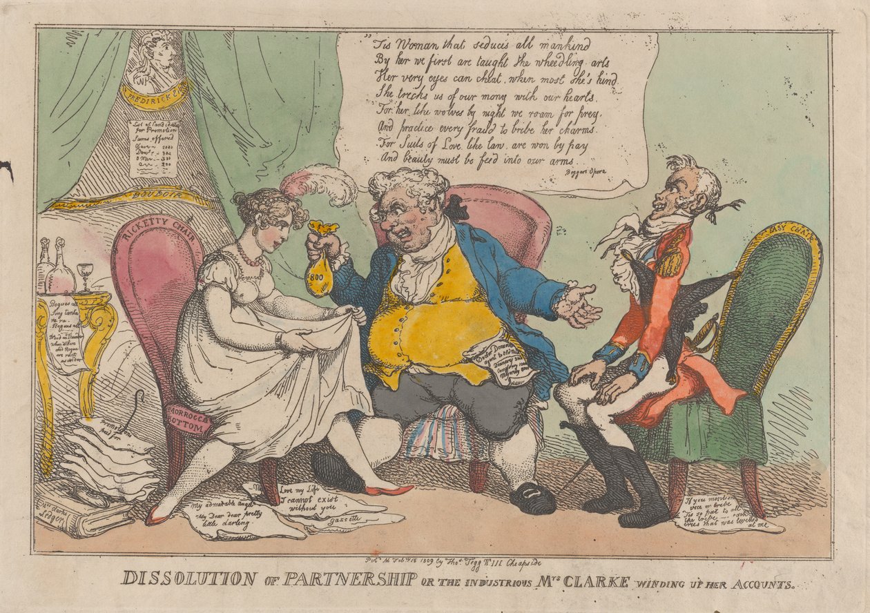 Upplösning av partnerskap, eller den flitiga fru Clarke som avvecklar sitt ack..., 15 februari 1809. av Thomas Rowlandson