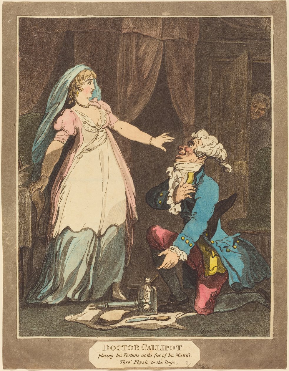 Doktor Gallipot placerade sin förmögenhet vid foten av sin älskarinna, 1808. av Thomas Rowlandson