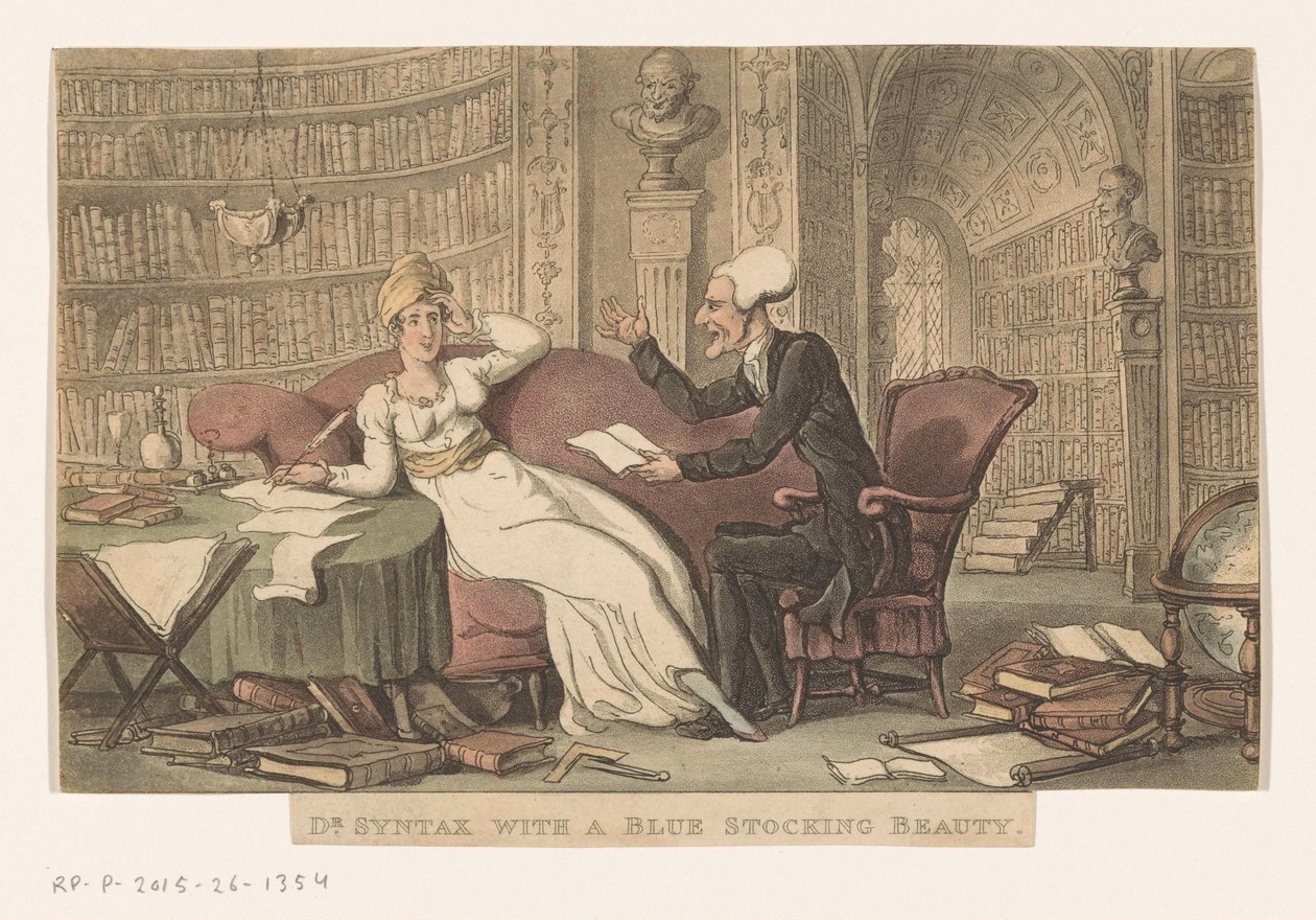 Doktor Syntax med en kvinna i ett bibliotek dr. Syntax med en blå strumpa skönhet (titel på objekt) av Thomas Rowlandson