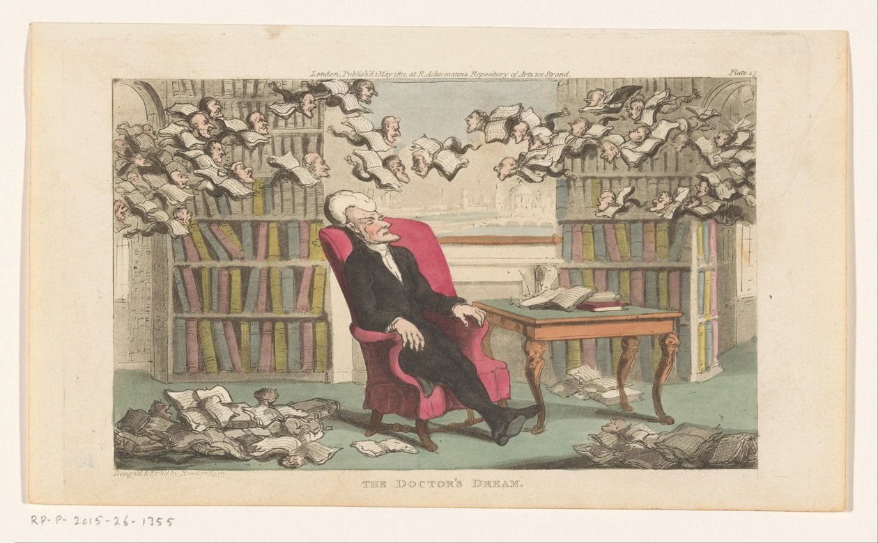 Doktor Syntax sover i ett bibliotek Doktorns dröm (titel på objekt) av Thomas Rowlandson