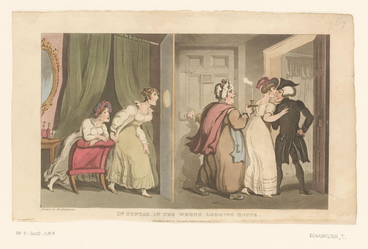 Doctor Syntax leds genom en dörr av två kvinnor av Thomas Rowlandson