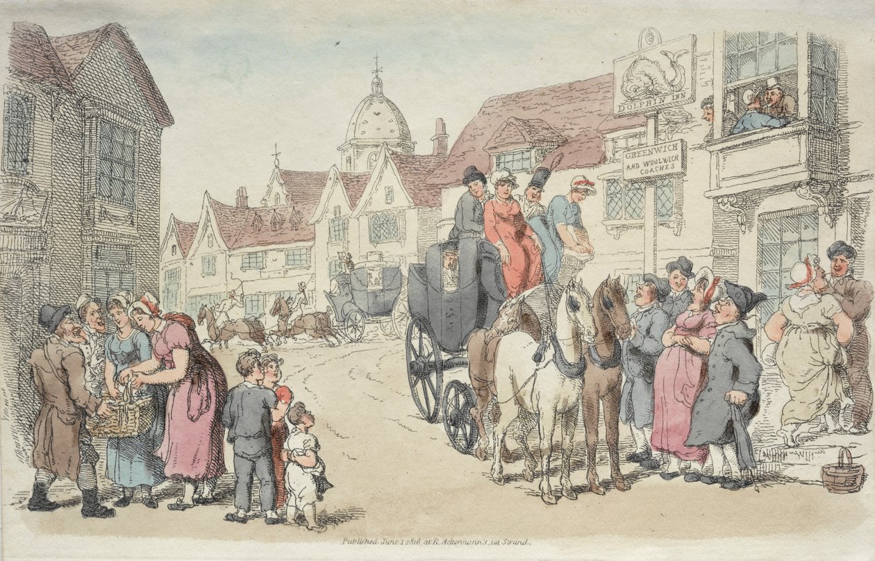 Dolphins Inn: Greenwich och Woolwich Coaches av Thomas Rowlandson