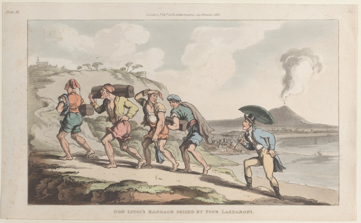 Don Luigis bagage beslagtagit av fyra Lazzaroni, från Neapel och Campagna Felice..., 1 juni 1815. av Thomas Rowlandson
