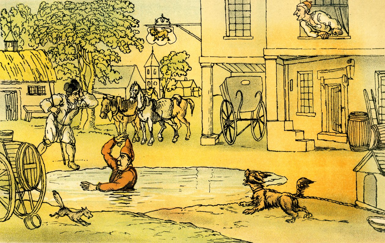 "Dr Syntax roade med Pat i dammen" av Thomas Rowlandson