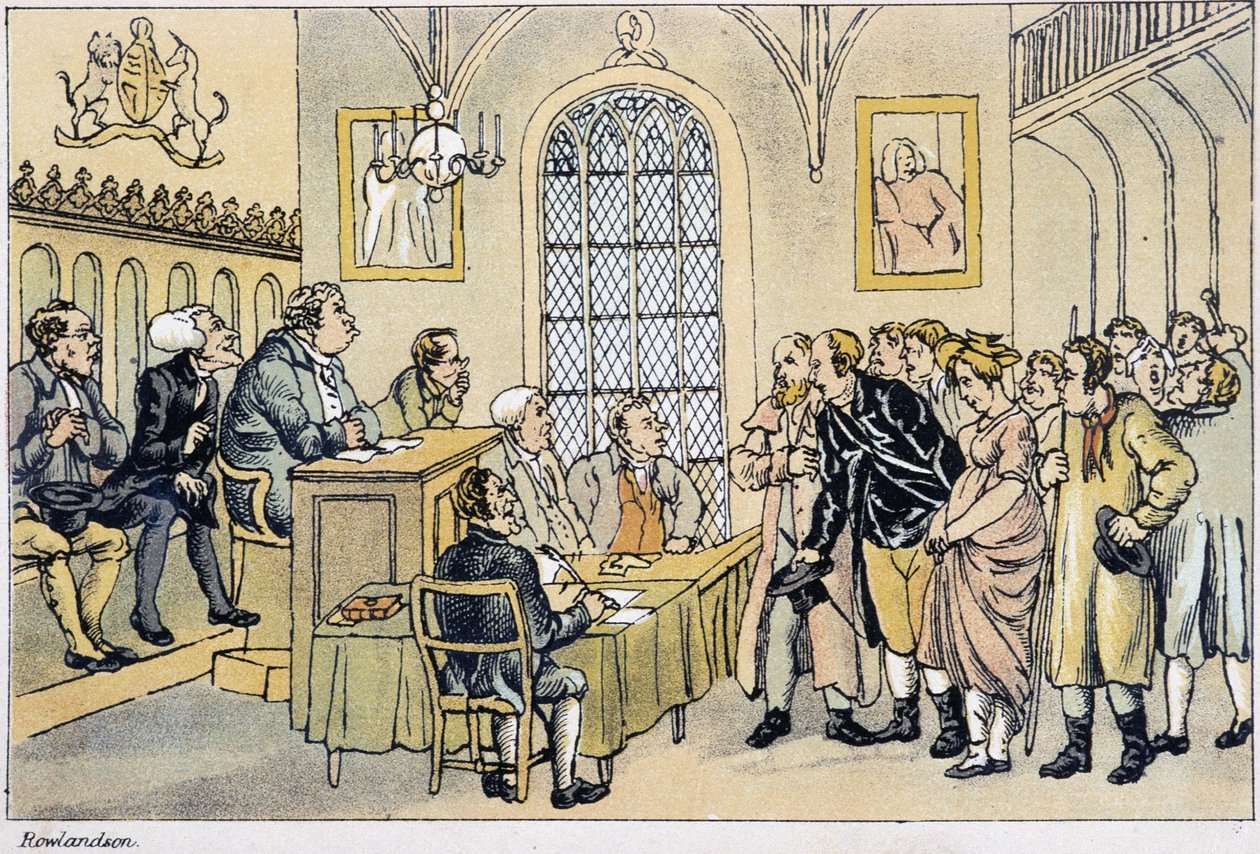 Dr Syntax inför domstolen - i "" Doctor Syntax tre turer på jakt efter den pittoreska trösten och en fru"" av W. Combe, ill. av Rowlandson, London, Hotten av Thomas Rowlandson