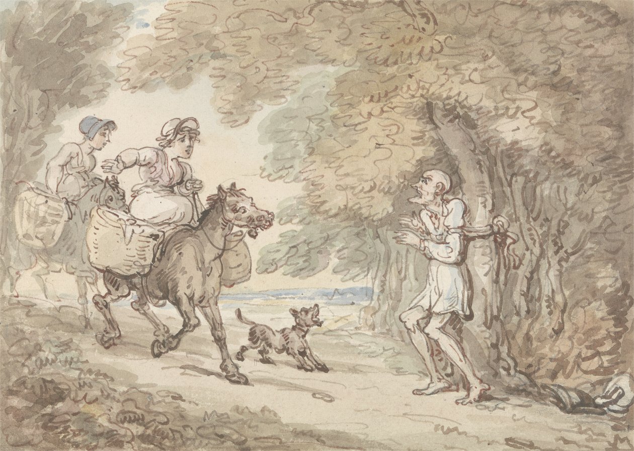 Dr Syntax bundet till ett träd av Highwaymen (akvarell med penna och bläck på papper) av Thomas Rowlandson