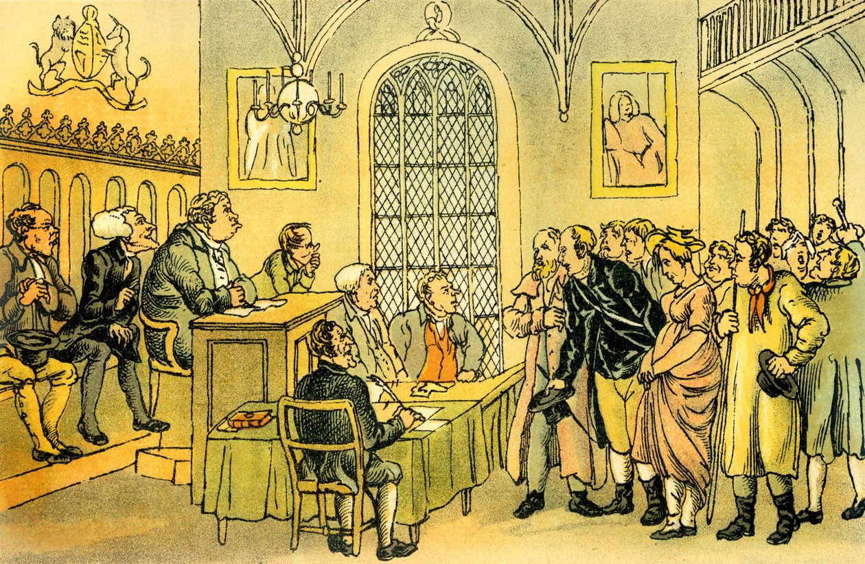 "Dr Syntax i en domstol" av Thomas Rowlandson