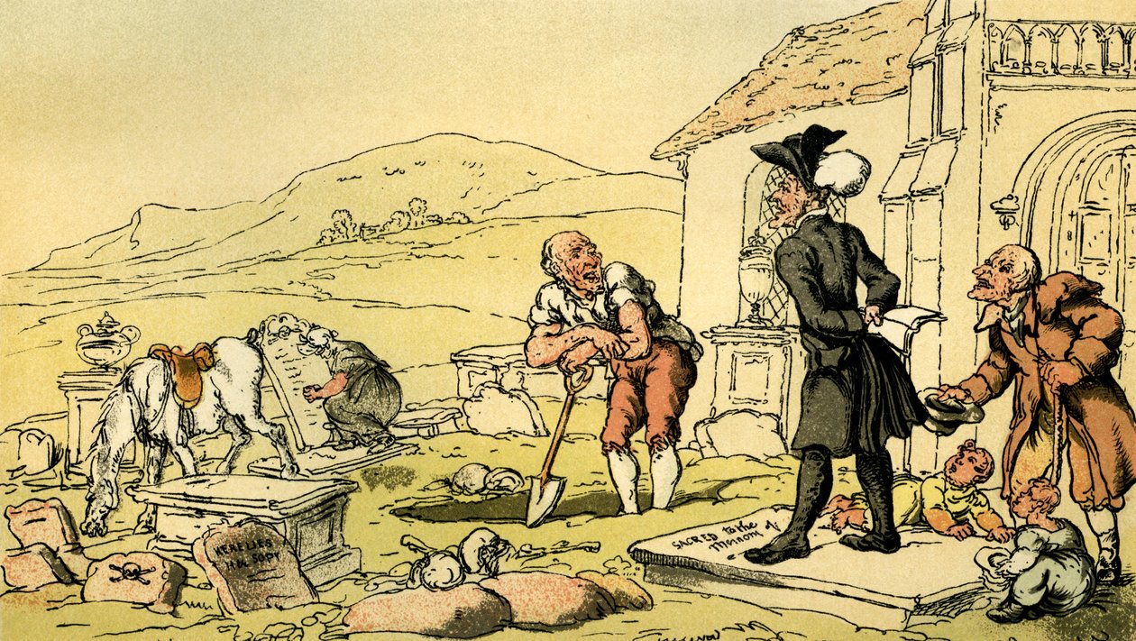 "Dr Syntax som mediterar på gravstenarna" av Thomas Rowlandson