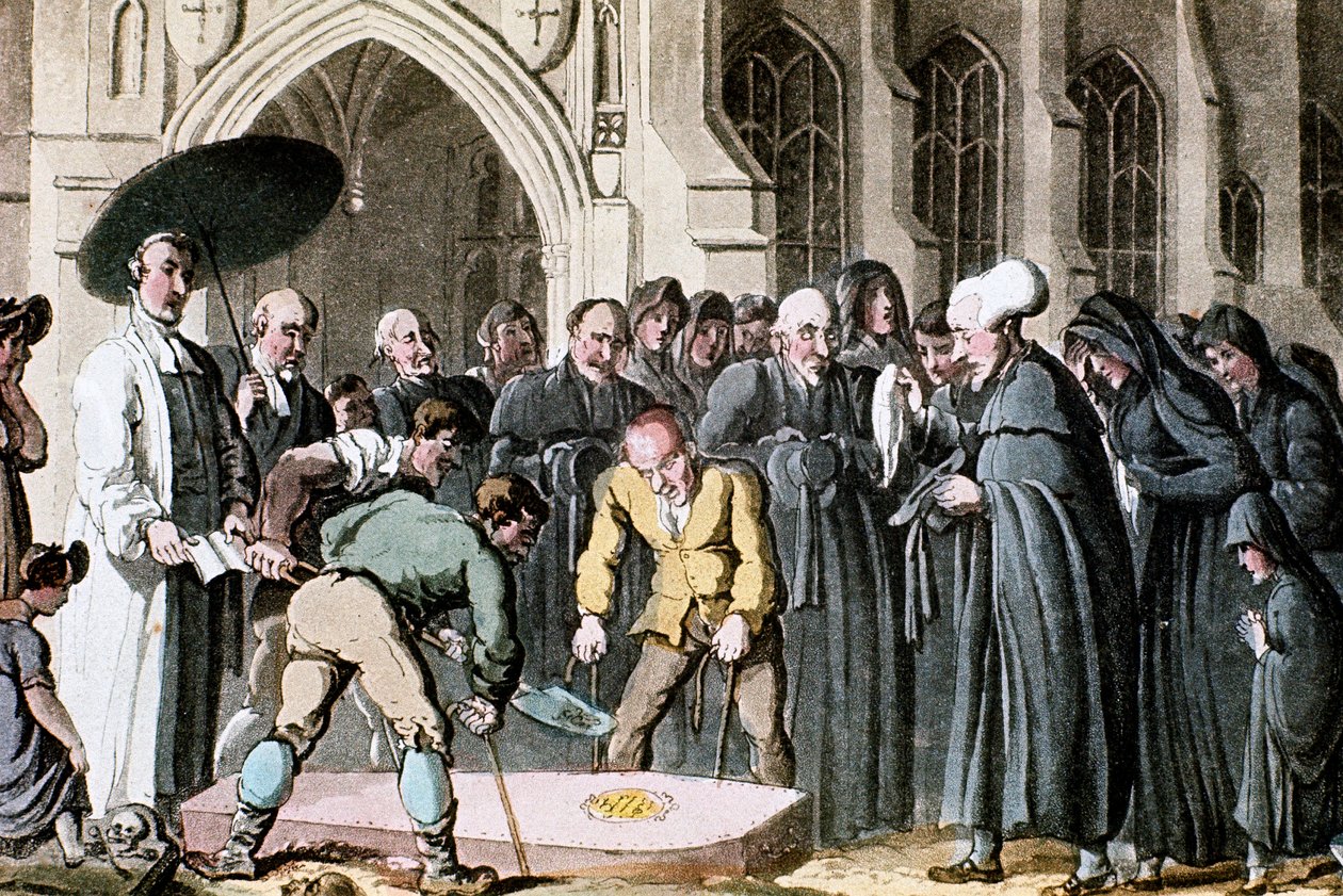 Dr Syntax tittar på hur hans frus kista sänks ner i graven, 1820 av Thomas Rowlandson