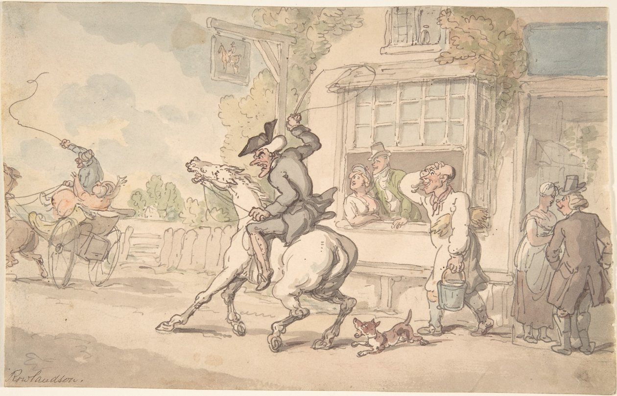 Dr. Syntax med en motsträvig häst framför ett värdshus av Thomas Rowlandson