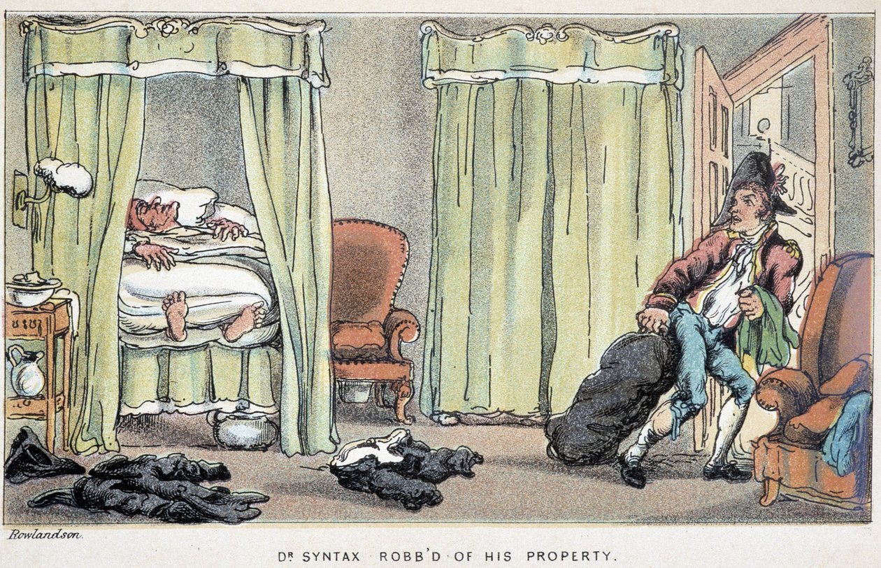 Dr. Syntax husinbrott medan han sov - i "" Doctor Syntax tre turer: på jakt efter den pittoreska trösten och en fru"" av William Combe, ill. Rowlandson av Thomas Rowlandson