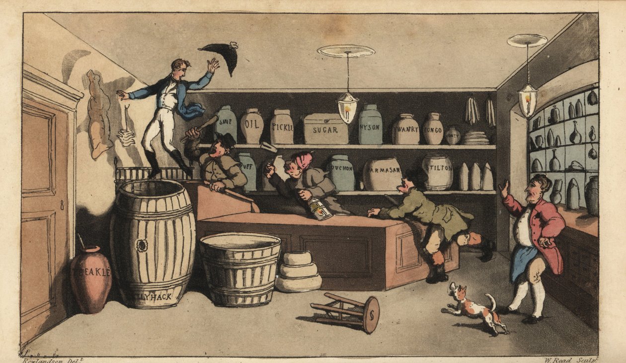 Full Johnny förföljd av nattväktare i en livsmedelsbutik på väg att ramla ner i en smörtunna. Handkolorerad kopparstick av W. Läst efter en illustration av Thomas Rowlandson från Alfred Burtons The Adventures of Johnny Newcombe in the Navy, Si av Thomas Rowlandson
