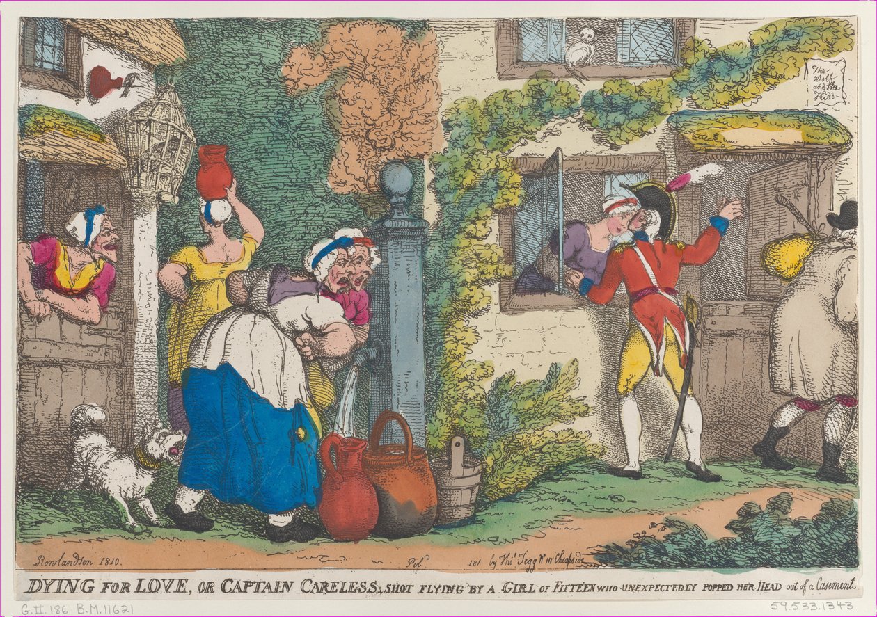Dying for Love, eller Captain Careless, skjuten flygande av en flicka på femton som oväntat poppar..., 1810. av Thomas Rowlandson