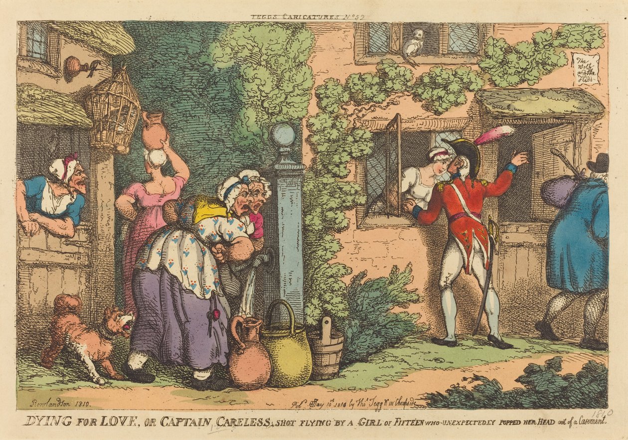 Dying for Love, eller kapten Careless skjuten flygande av en flicka på femton, som oväntat tog upp huvudet ur ett hölje av Thomas Rowlandson