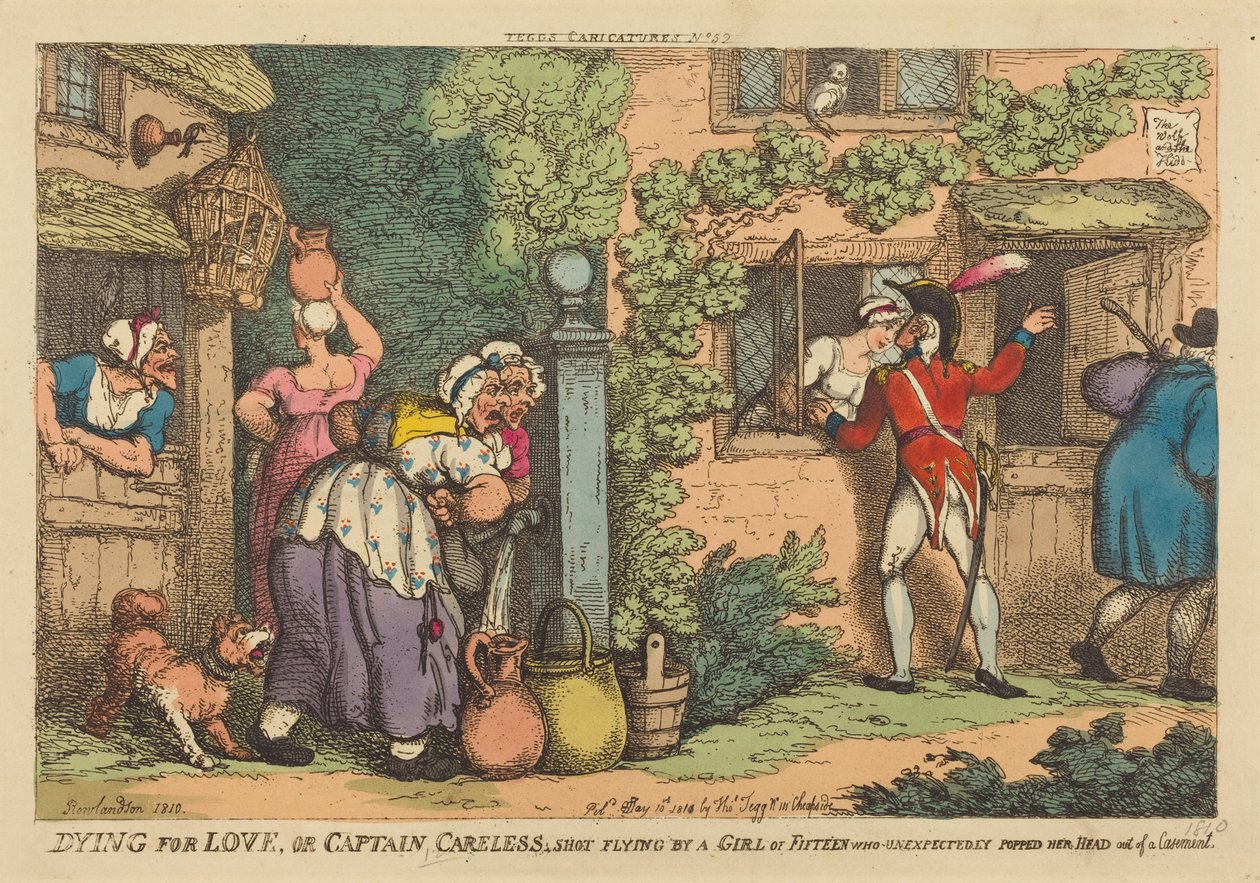 Att dö för kärlek, eller Kapten Careless som blev skjuten i farten av en femtonårig flicka som oväntat stack ut huvudet genom ett fönster av Thomas Rowlandson