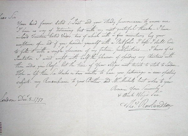 Det tidigaste kända brevet från konstnären till en Mr Downs, en potentiell beskyddare, 8 december 1797 (penna och bläck på papper) av Thomas Rowlandson